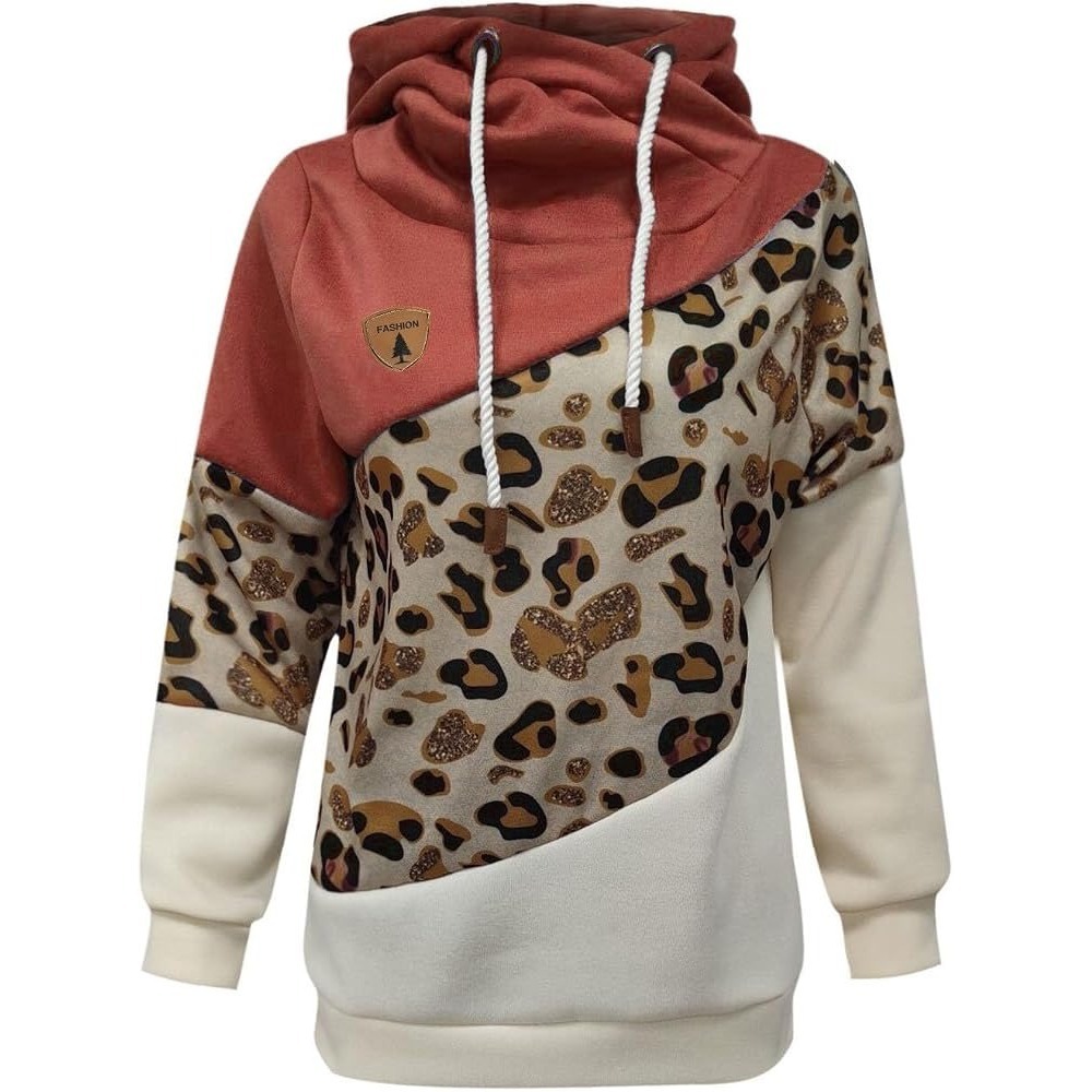 (B4) Fashion Leopard Colorblock Cowl Neck Hoodie 4XL Coral Cream Pullover